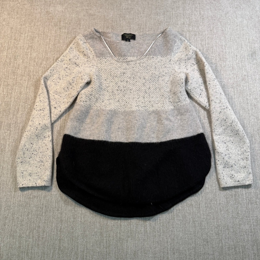 Charter Club Luxury 100% Cashmere Colorblock Sweater Grey Black Speckled Medium